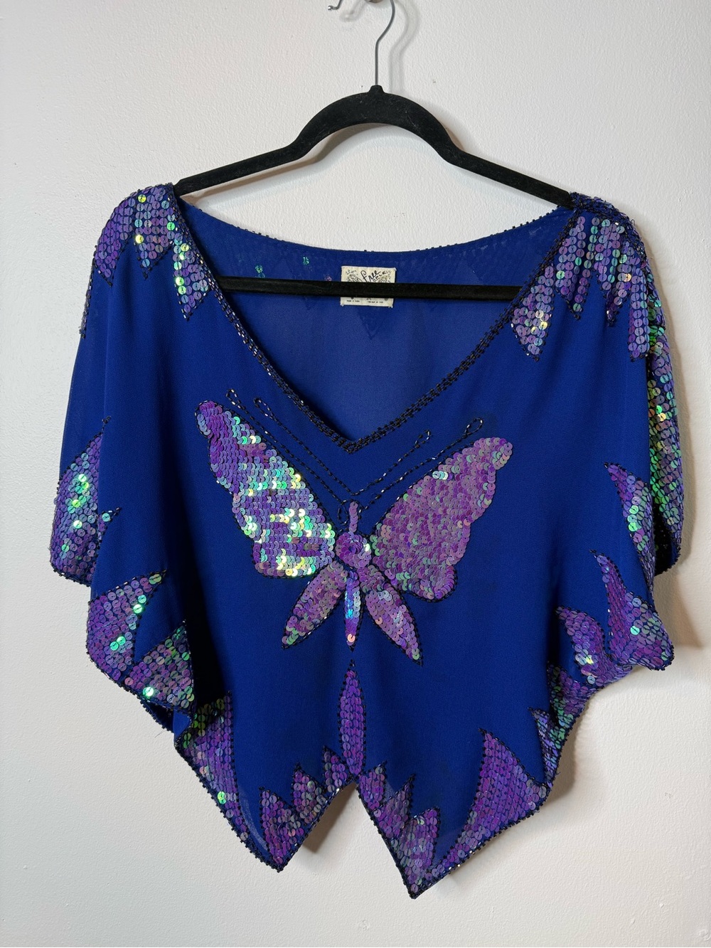 Free People Blue Butterfly Sequin Crop Top Blouse EUC SZ M - Picture 2 of 9